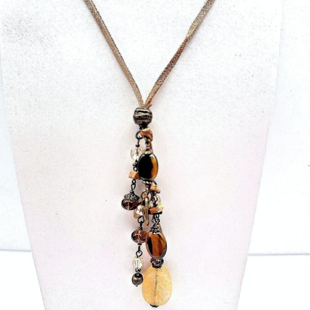 Vintage 90s Earth Tone Beaded Tassel Necklace Boho Leather Cord Women's Jewelry